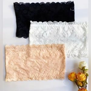 3pcs Floral Lace Bandeau Bras Elegant Scallop Trim Strapless Wireless Bra Size M